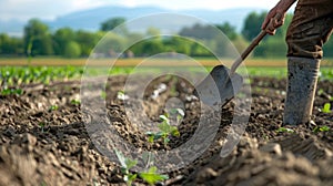 A farmer uses a shovel to inspect the quality of soil in a field where biofuel crops are being grown. In the background