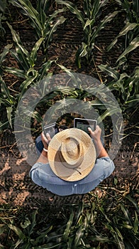 Farmer using tablet in corn field photo