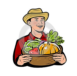 Farmer with vegetables. Natural food vector illustration