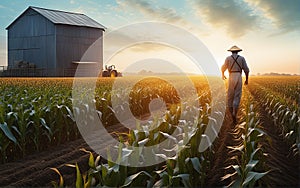 Farmer walking through cornfield at sunset