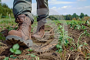 farmer walking in field wearing sturdy brown work boots