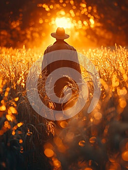 Farmer walking through golden wheat field at sunset