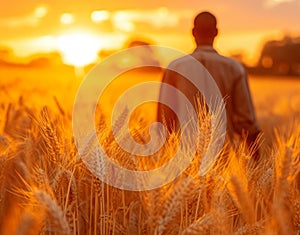 Farmer walking through wheat field at sunset