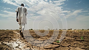 A farmer walks through his droughtstricken fields dragging his feet through the cracked parched earth. The impact of