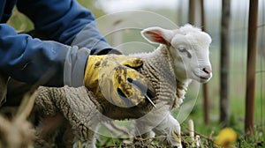 A farmer wearing gloves and holding a tool gently helping a sheep deliver her newborn lamb