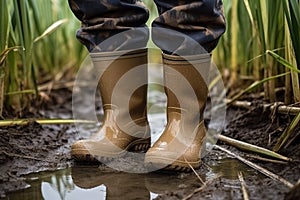 Farmer wearing rubber boots standing in wheatgrass field created by generative AI