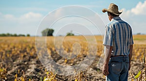 A farmer wearing a straw hat and plaid shirt stands looking over a dry, parched field, reflecting on the impact of drought on his