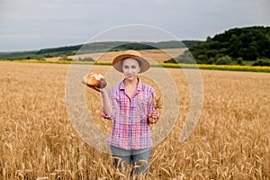 A farmer in a wheat field. Wheat harvest season in Ukraine. Golden ears of corn and a woman holding bread in her hands. Organic