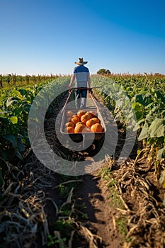 Farmer with Wheelbarrow of Pumpkins in Pumpkin Patch