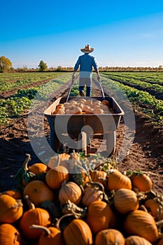 Farmer with Wheelbarrow of Pumpkins in Pumpkin Patch