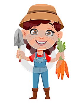 Farmer woman cartoon character holding little shovel and carrots.