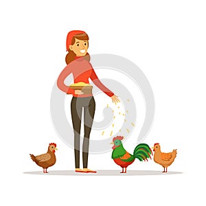 Farmer woman feeding chickens, poultry breeding vector Illustration