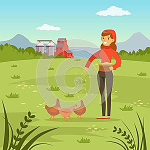 Farmer woman feeding hens with corn, agriculture and farming