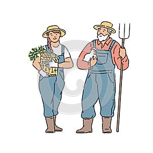 Farmer woman and man with vegetable, chicken and fork in hand. Vector illustration