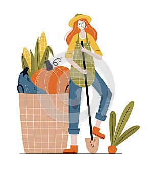 Farmer woman in modern style.  Buy fresh organic products from the local farmerâ€™s market. Eat Local or Farm Market concept.  Ðž