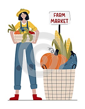 Farmer woman in modern style.  Buy fresh organic products from the local farmerâ€™s market. Farm Market or Eat Local concept.  Ðž