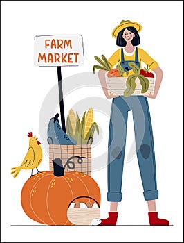 Farmer woman in modern style.  Farm Market or Eat Local concept.   Buy fresh organic products from the local farmerâ€™s market. Ðž