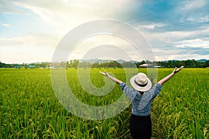 Farmer woman`s hands raised in the sky