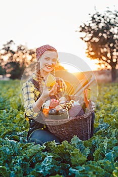 Farmer woman selling colorful and healthy vegetables