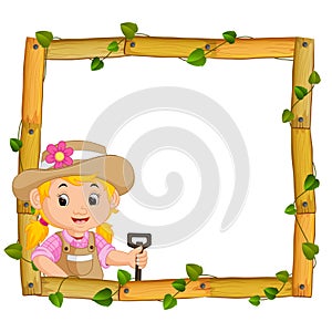 Farmer on the wood frame with roots and leaf