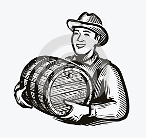 Farmer with wooden barrel of wine. Whiskey alcoholic drink sketch vintage vector illustration