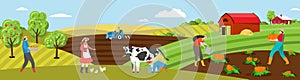 Farmer work on farm field vector illustration, cartoon flat people on farmland countryside, milk cow, feed chicken or