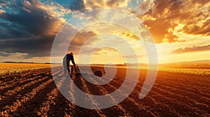 Farmer working field at sunset