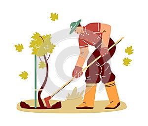 Farmer working in the garden with a hoe, vector loosening, hilling, cultivating the land for a better grape harvest