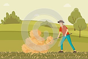 Farmer working on hayfield vector illustration. Young rancher collecting haystack with pitchfork cartoon character