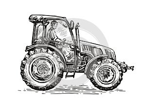 Farmer working on tractor. Farm, agriculture vector concept. Hand drawn sketch in vintage graphic style