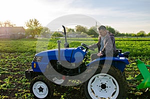 The farmer works in the field with a tractor. Harvesting potatoes. Harvest first potatoes in early spring. Farming and farmland