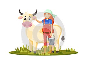 Woman milkmaid with cow, collects milk. Agronomist engaged in household. photo