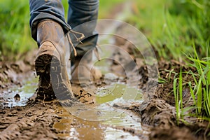 farmers boots trudging through a muddy field