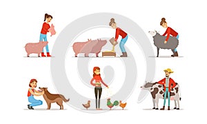 Farmers Breeding Livestock Feeding Farm Animals Vector Set