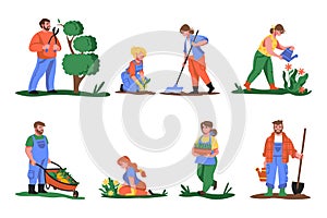 Farmers. Cartoon people planting flowers and greens, cutting and gardening plants, growing vegetables and flowers