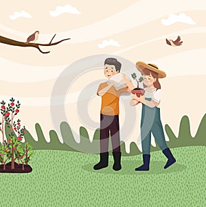 farmers couple and birds