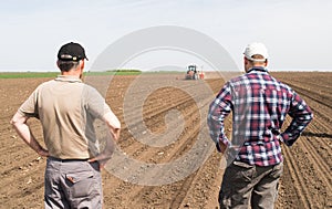 Farmers examing planted wheat fields