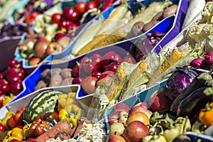 Farmers fruit market with various colorful fresh fruits and vegetables