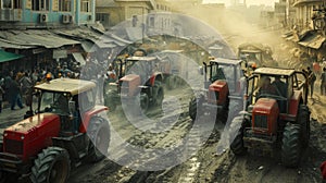 farmers gather in the city with their modern tractors during a strike, highlighting the clash of agricultural