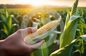 Farmers Hand Inspecting Freshly Harvested Corn Cob at Beautiful Sunset in Green Field