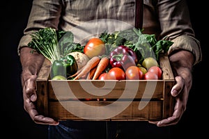 Farmers Hands Holding A Wooden Box Full Of Fresh And Raw Organic Vegetables - Generative AI