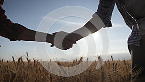 Farmers handshake over the wheat crop in harvest time. Partnership concept.