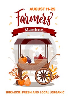 Farmers market banner. Carts with seasonal vegetables and fruits. Fresh local organic food. Pumpkins, eggplants, apples