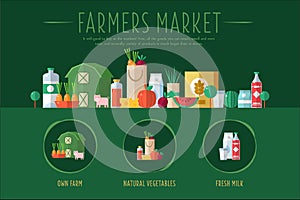 Farmers market banner with fresh farm goods and place for text. Flat vector round icons for grocery shop, website