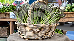 farmers market display, fresh asparagus bundles arranged in a rustic basket at the farmers market, showcasing the