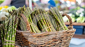 farmers market display, fresh asparagus bundles in a rustic basket at the farmers market, part of a vibrant seasonal