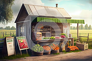 Farmers market with fresh vegetables and fruits on the shelves in the fiel. dAI generated