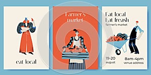 Farmers market invitation card set with funny characters in flat style. Man and women with fruits