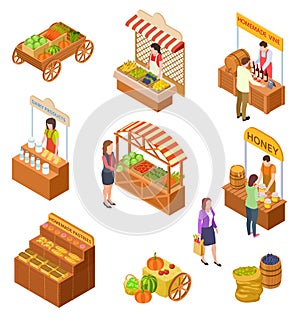 Farmers market isometric. People sell and buy traditional meal, vegetables and fruit on food marketplace with stalls 3d