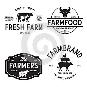 Farmers market logo templates stamps labels badges set. Trendy retro style logotypes